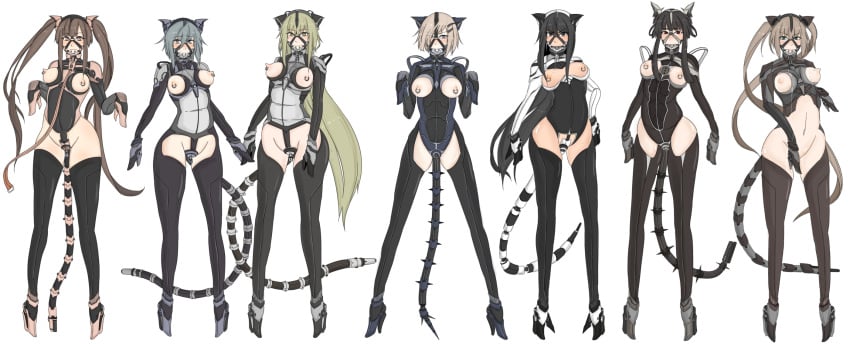 6+girls animal_ears ball_gag black_hair blue_eyes blue_hair blush bondage bottomless bound breasts brown_eyes brown_hair chastity chastity_belt chastity_device collar cyborg female female_chastity female_only gag gagged gatling_raid green_eyes green_hair harness_ball_gag leash lineup long_hair looking_at_viewer mecha_musume medium_breasts multiple_girls nipple_piercing nipples original pet_play petplay piercing ponyplay short_hair slave tail take_your_pick twintails