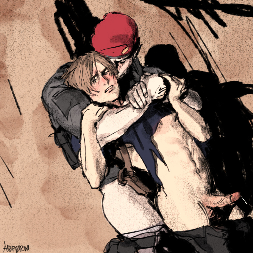 abp0rns beret blonde_hair blush embrace embrace_from_the_behind erect_penis erection gay gay_sex hat jack_krauser leon_scott_kennedy male/male precum precum_drip precum_on_penis precum_string resident_evil resident_evil_4 resident_evil_4_remake torn_clothes yaoi