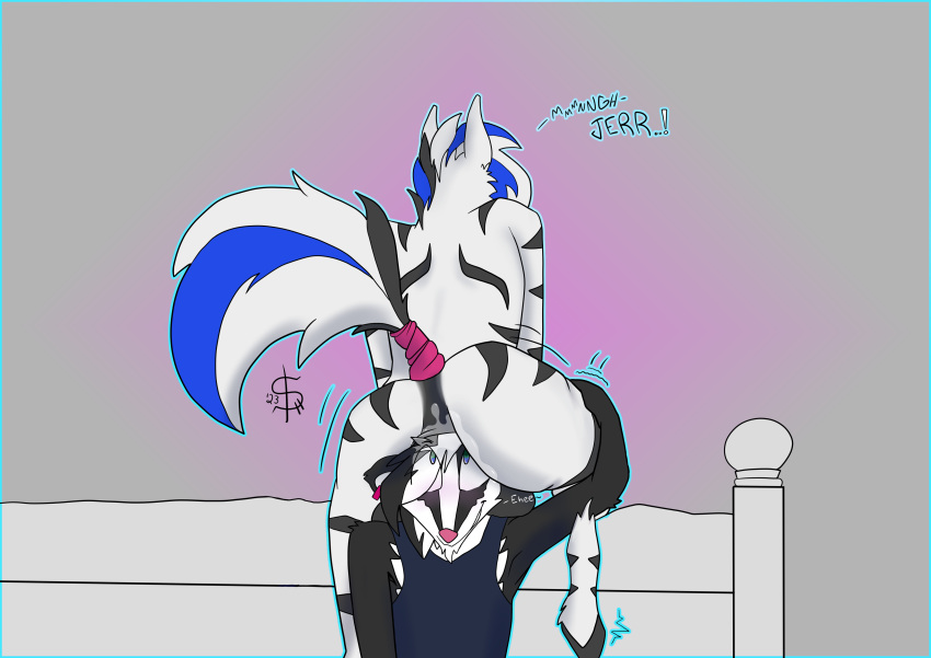 absurd_res anal anal_vore anthro anus ass bluesxx blush butt_grab dialogue duo equid equine excited haan_(character) hand_on_butt hi_res imminent_vore jeremy_(topazknight) male male/male mammal mephitid raised_tail shaded simple_background simple_shading sitting_on_another skunk stretched_anus tail tail_wraps text vore willing_prey wraps zebra