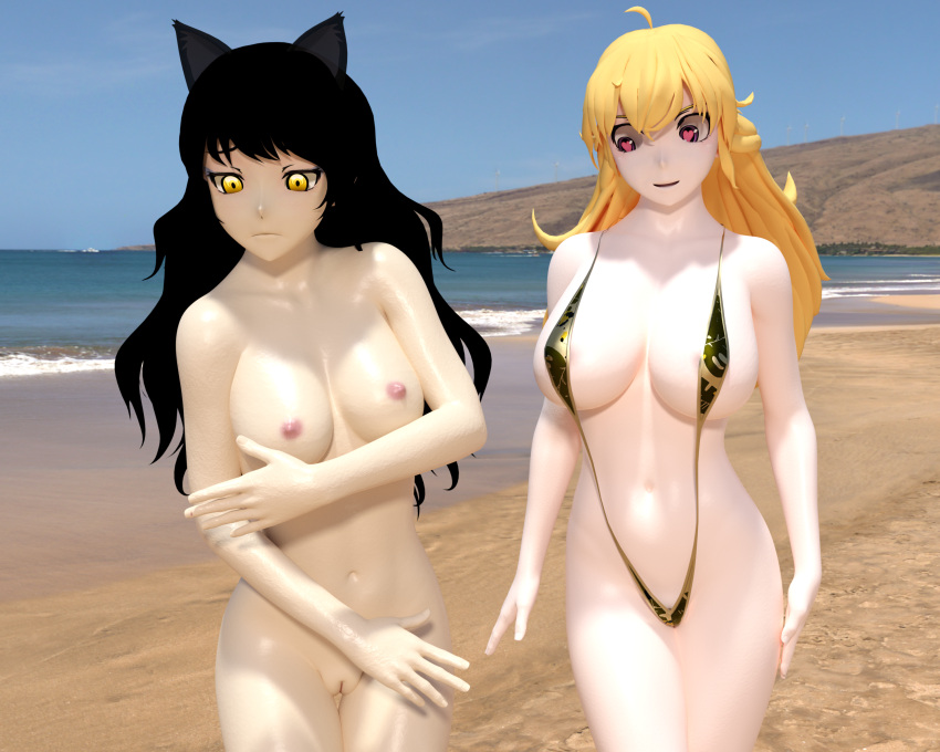 2girls 3d ahoge areola_slip beach belly_button black_hair blake_belladonna blonde_hair breasts canon_couple cat_ears catgirl color covering_body embarrassed embarrassed_nude_female faunus female female_only heart_eyes implied_lesbian kemonomimi large_breasts long_hair looking_at_partner lovingrwby medium_breasts navel nipples ocean public_nudity pussy_peek rooster_teeth rwby sling_bikini slingshot_swimsuit tagme wardrobe_malfunction yang_xiao_long yellow_sling_bikini yellow_swimsuit