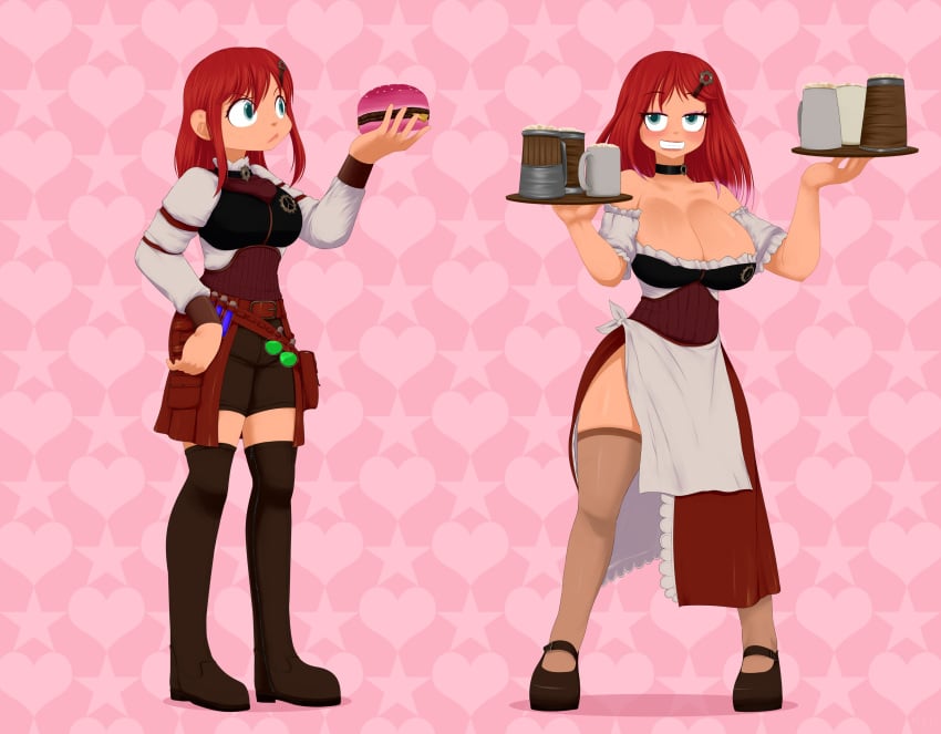 alchemist bar_maid barmaid bimbofication blue_eyes blush brain_drain brainwashed brainwashing breast_expansion collar color drink dumbification english_text freckles hair_color_change hairclip hamburger huge_breasts identity_death iq_loss legs maid makeup mentalcrash original original_character pantyhose personality_change red_hair slutification smile text thick_thighs transformation transformation_sequence whore