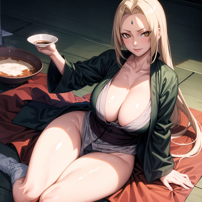 1girls ai_generated alyxra arm_support bare_legs big_breasts blonde_hair bottomless breasts brown_eyes busty child_bearing_hips cleavage female female_only haori holding_drink holding_object huge_breasts kimono large_breasts looking_at_viewer mature mature_female mature_woman mommy nai_diffusion naruto naruto_(series) naruto_shippuden no_bra no_pants oppai partially_clothed pot sake sitting smile solo solo_focus stable_diffusion thick_thighs tsunade voluptuous wide_hips