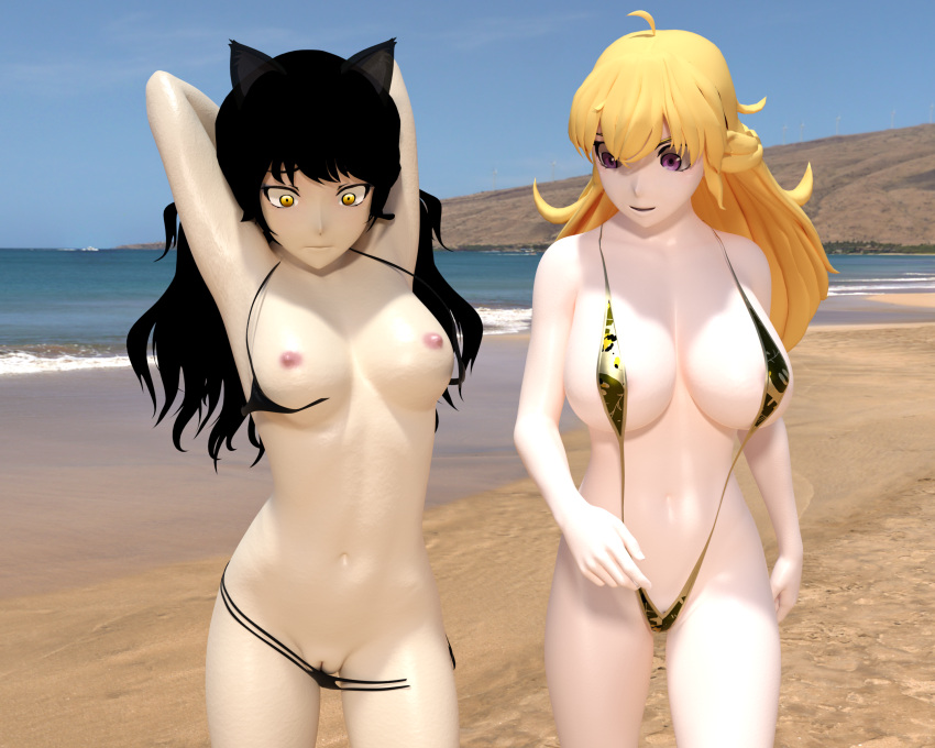 2girls 3d ahoge areola_slip armpits arms_behind_head beach belly_button bikini_snap black_bikini black_hair blake_belladonna blonde_hair breasts canon_couple cat_ears catgirl color embarrassed embarrassed_nude_female faunus female female_only kemonomimi large_breasts long_hair looking_at_partner lovingrwby medium_breasts navel nipples ocean rooster_teeth rwby sling_bikini slingshot_swimsuit tagme too_small_bikini wardrobe_malfunction yang_xiao_long yellow_sling_bikini yellow_swimsuit