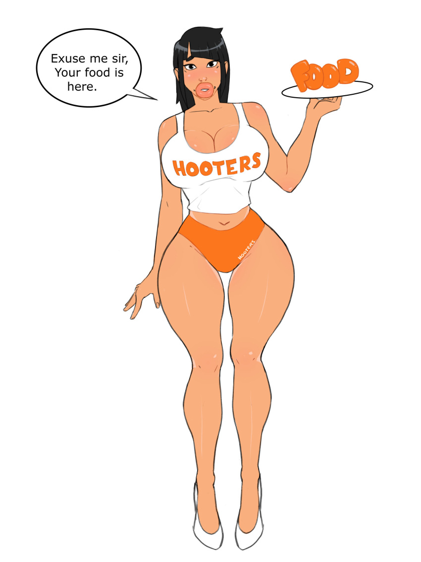 1girls asian_female bimbo bimbo_lips black_hair food high_heels hooters hooters_uniform huge_breasts puffygirl1 serving_food serving_tray short_shorts tank_top thick_lips thigh_gap waitress wide_hips