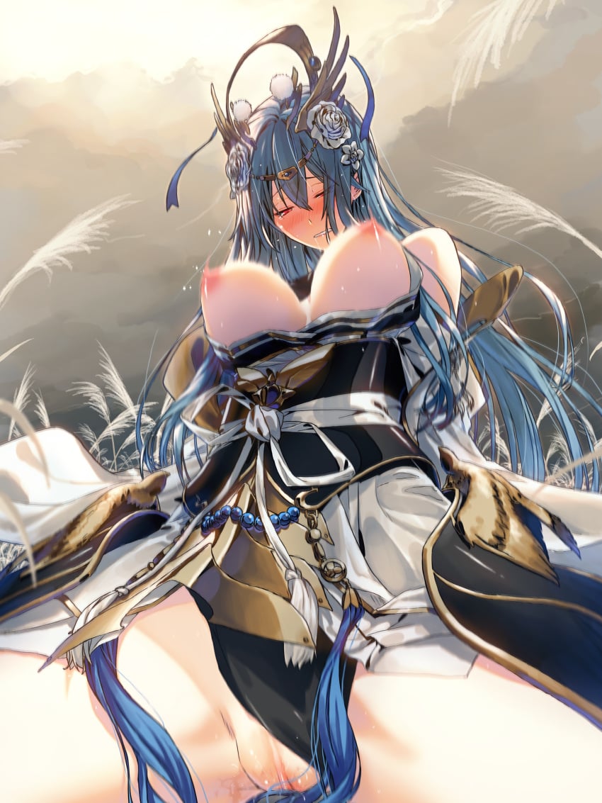 absurdres bad_source beads blue_hair blush bouncing_breasts breasts breasts_out commission commissioner_upload embarrassed female hair_ornament highres long_hair looking_down matsuki_akira motion_lines mu_xiaokui_(phantom_blade) nipples phantom_blade_(game) pussy red_eyes reeds skeb_commission solo sweat tassel tearing_up