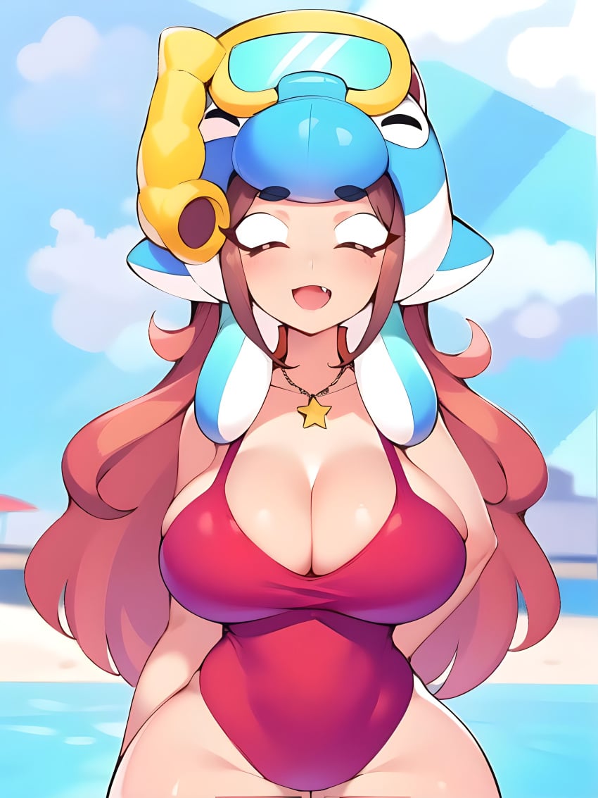 ai_generated beach big_breasts brawl_stars nita_(brawl_stars) redraw swimsuit whale_watch_nita_(brawl_stars) white_eyes