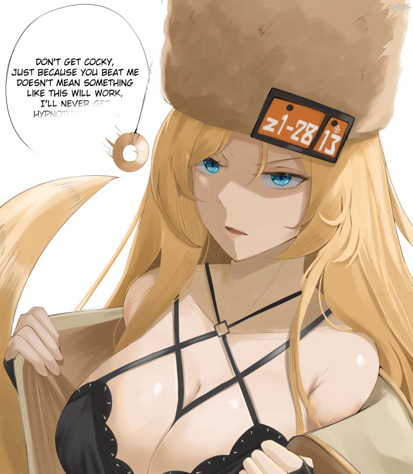 1girls angry angry_face blonde_hair blue_eyes english_text eroborne extremely_long_hair guilty_gear guilty_gear_strive hypnosis lacy_bra lingerie long_hair looking_at_viewer millia_rage mind_control partial_nudity partially_clothed pendulum pendulum_swinging pulling_clothing pulling_off_clothes removing_clothing removing_jacket text underwear undressing