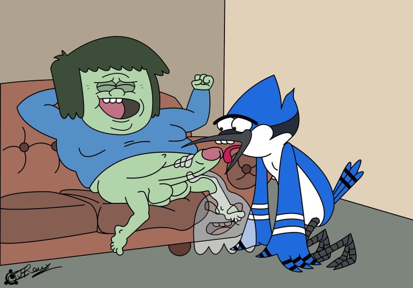 absurd_res animal_humanoid anthro attempted_blowjob avian balls big_dom_small_sub big_penis bird blue_jay cartoon_network cheering cjaroux closed_eyes corvid dominant forced forced_oral furniture gay genitals ghost group handjob hi_five_ghost hi_res human humanoid humanoid_genitalia humanoid_penis jay_(bird) kneeling licking lost_bet lying_on_sofa male male/male mammal mordecai_(regular_show) muscle_man_(regular_show) new_world_jay on_sofa open_mouth oral oscine passerine penile penis penis_lick regular_show sex size_difference sofa spirit tongue tongue_out trio