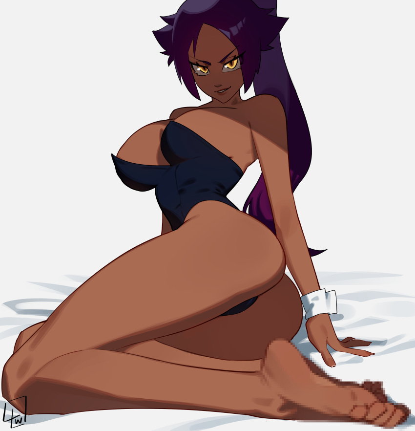 1girls 2023 absurd_res bleach censored censored_feet dark-skinned_female dark_skin female female_only kneeling l4wless long_hair looking_at_viewer mosaic_censoring pointless_censoring purple_hair shihouin_yoruichi slit_pupils smiling smiling_at_viewer solo suit white_background wrist_cuffs yellow_eyes