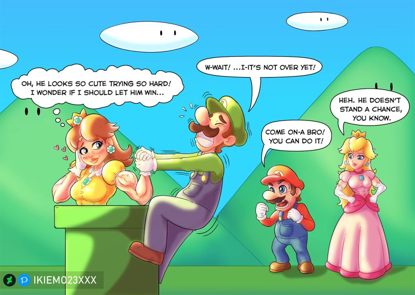 2boys 2girls arm_wrestling armwrestling biceps clothed clothing english_text female ikiemo23xxx larger_female luigi male mario mario_(series) multiple_boys multiple_girls muscle_growth muscles muscular muscular_female nintendo no_porn_here outdoors princess princess_daisy princess_peach self_upload smaller_male speech_bubble super_mario_bros. text text_bubble thought_bubble wholesome