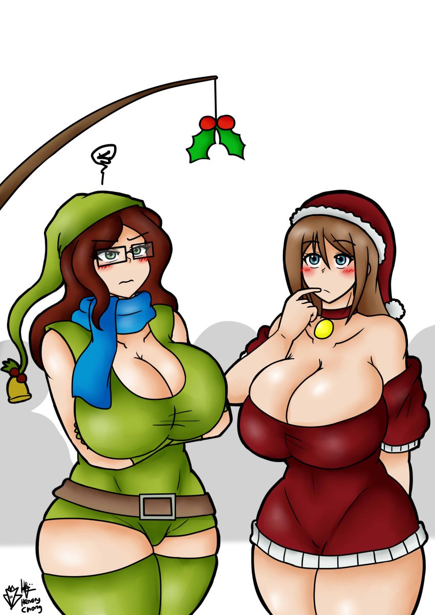 2girls elf_costume erika_(living_with_hipstergirl_and_gamergirl) female female_only glasses huge_breasts jago_dibuja kegispringfield large_breasts living_with_hipstergirl_and_gamergirl mistletoe multiple_girls santa_costume santa_hat sophie_(living_with_hipstergirl_and_gamergirl) yuri