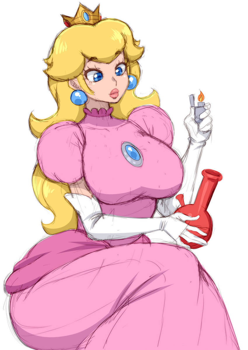 1girls big_breasts blonde_hair blue_eyes bong breasts busty clothed clothing crown doodle dress drug_paraphernalia drugs earrings elbow_gloves female female_only gloves highres holding_object huge_breasts large_breasts long_hair marijuana mario_(series) nintendo pink_dress pink_lips princess princess_peach simmsy simple_background sitting smile smoking smoking_weed solo voluptuous weed white_background