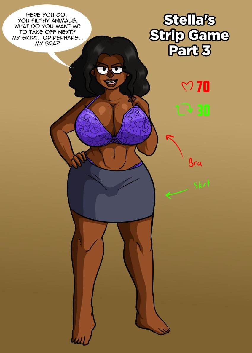 bra dark_skin english_text feet female max1mus original_character skirt stella_(max1mus) strip_game text toned