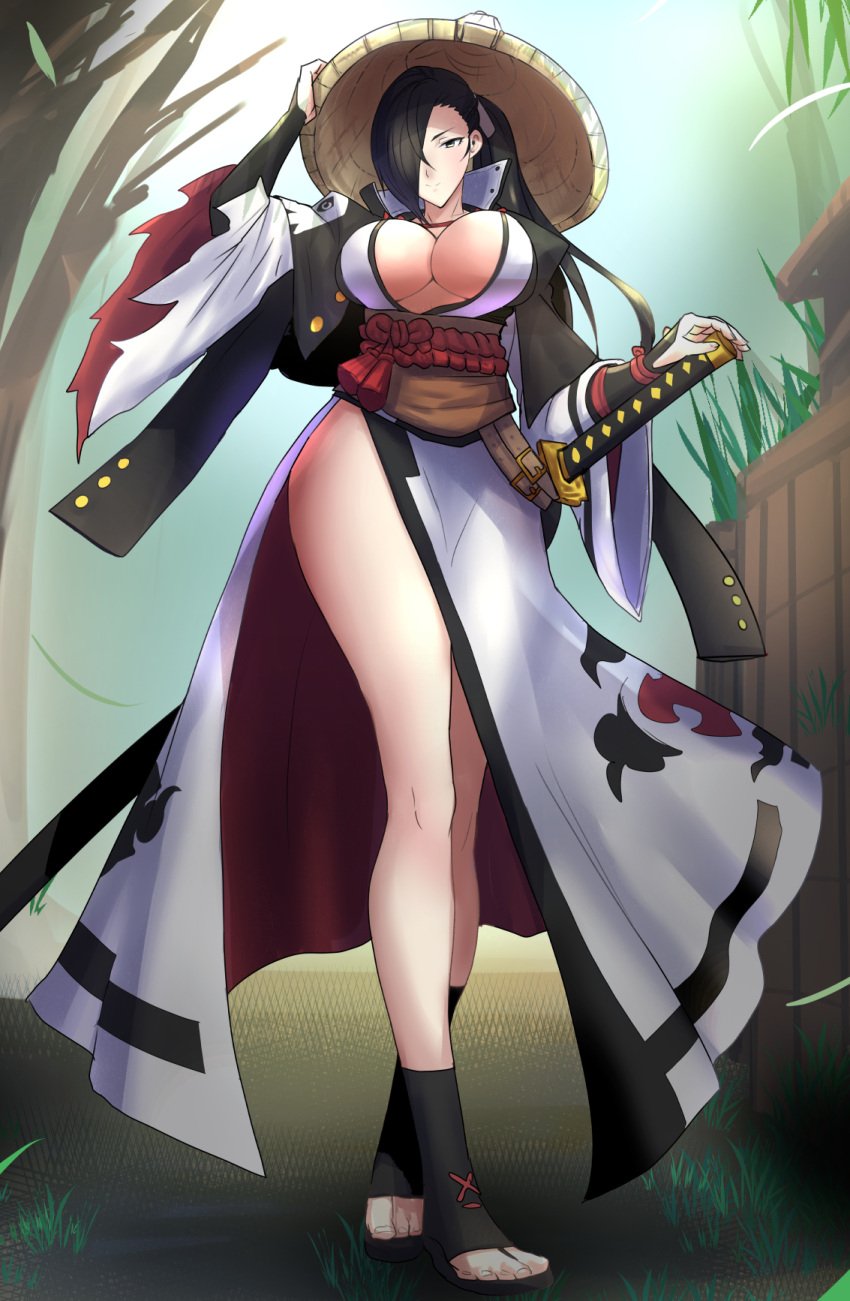 1girls ajirogasa alternate_costume baiken baiken_(cosplay) breasts brown_hair clash_kuro_neko cleavage cosplay facing_viewer female female_only fire_emblem fire_emblem_fates full_body guilty_gear guilty_gear_xrd hair_over_one_eye hat highres japanese_clothes kagero_(fire_emblem) katana large_breasts long_hair long_legs looking_at_viewer nintendo plunging_neckline ponytail sandals sheath sheathed solo straw_hat sword thighs weapon wide_sleeves yellow_eyes