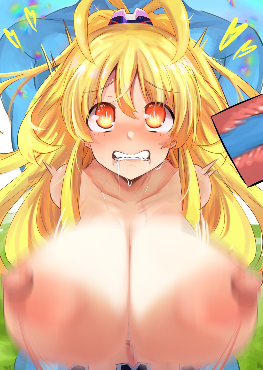 1boy absurdres bare_shoulders blonde_hair blush breasts commission dogoo_man female highres huge_breasts kami_jigen_game_neptune_v large_breasts long_hair misaki_(nounaikakusan) neptunia_(series) nipples open_mouth orange_eyes pixiv_commission power_symbol symbol-shaped_pupils upper_body very_long_hair yellow_eyes yellow_heart_(neptunia)