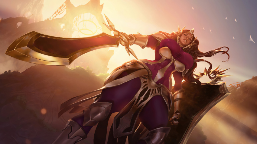 abs armor big_nipples biting_lip biting_lip bodysuit brown_hair bursting_breasts dominant_female edit erect_nipples from_below huge_breasts league_of_legends legends_of_runeterra leona_(league_of_legends) looking_at_viewer looking_down muscular muscular_female nipples_visible_through_clothing official_artwork_edit overflowing_breasts purple_bodysuit riot_games shield straining_clothing sunlight sutton184_edits sword thick_thighs third-party_edit wide_hips