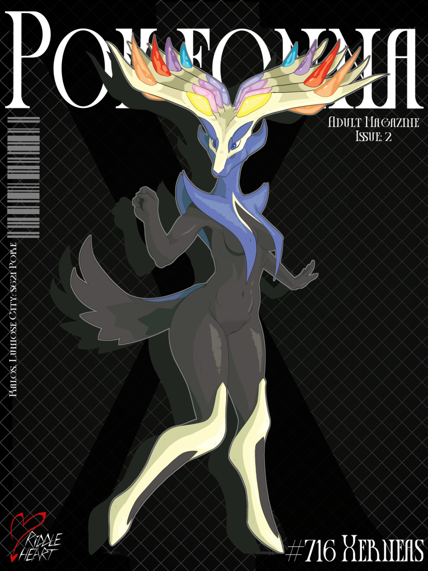 anthro anthro_only antlers black_body blue_body blue_fur bottomless breasts clothed clothing cover covered_nipples deer female fur generation_6_pokemon genitals hi_res horn humanoid legendary_pokemon magazine_cover mammal nintendo nude pokemon pokemon_(species) pussy riddleheart simple_background small_breasts solo standing tail text xerneas xerneas_(active_mode)