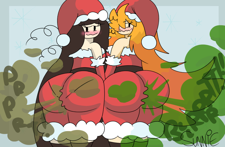 2girls ass brap brappycatty christmas christmas_clothing christmas_outfit fard fart fart_fetish farting farting_at_viewer farts fetish gassy green_gas nerd_and_jock_(webcomic) olga_(nerd_and_jock) santa_costume santa_hat sunniefunnie tiger_(nerd_and_jock) yoshizilla