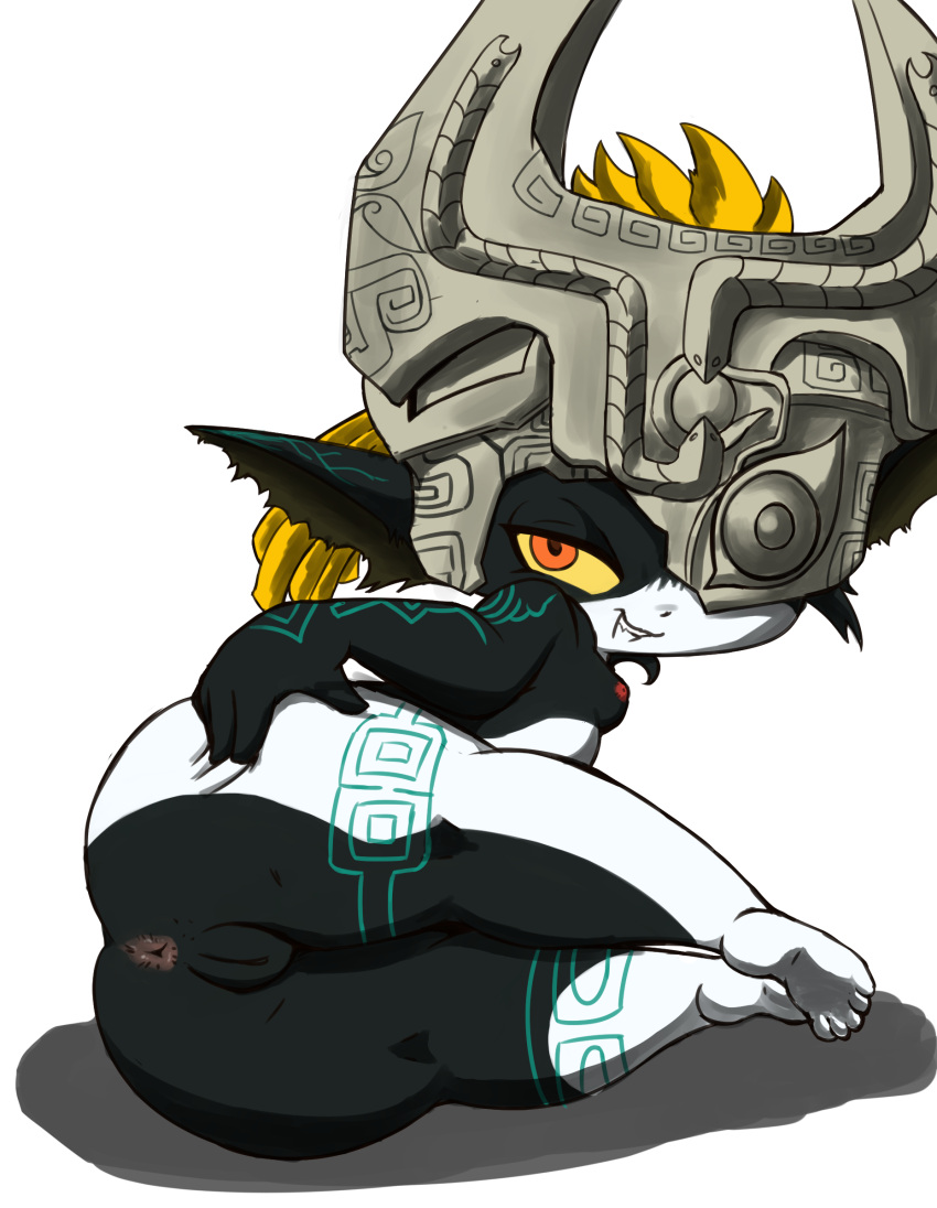 anus ass butt_squish female genitals grin hand_on_butt hi_res humanoid humanoid_pointy_ears imp looking_at_viewer lying markings midna nintendo on_side pussy rear_view simple_background smile solo squish the_legend_of_zelda twili twilight_princess vono white_background