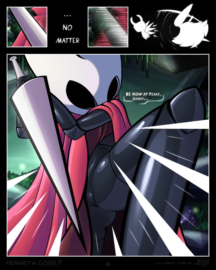 2023 arthropod black_body clothing comic detailed_background dialogue digital_drawing_(artwork) digital_media_(artwork) english_text female genitals hi_res holding_object holding_weapon hollow_knight hornet_(hollow_knight) hornet_be_gone humanoid jellli kneeling looking_at_viewer low-angle_view motion_lines page_6 page_number plant pussy pussy_peek red_cloak red_clothing rock shaded silhouette solo team_cherry text upskirt weapon