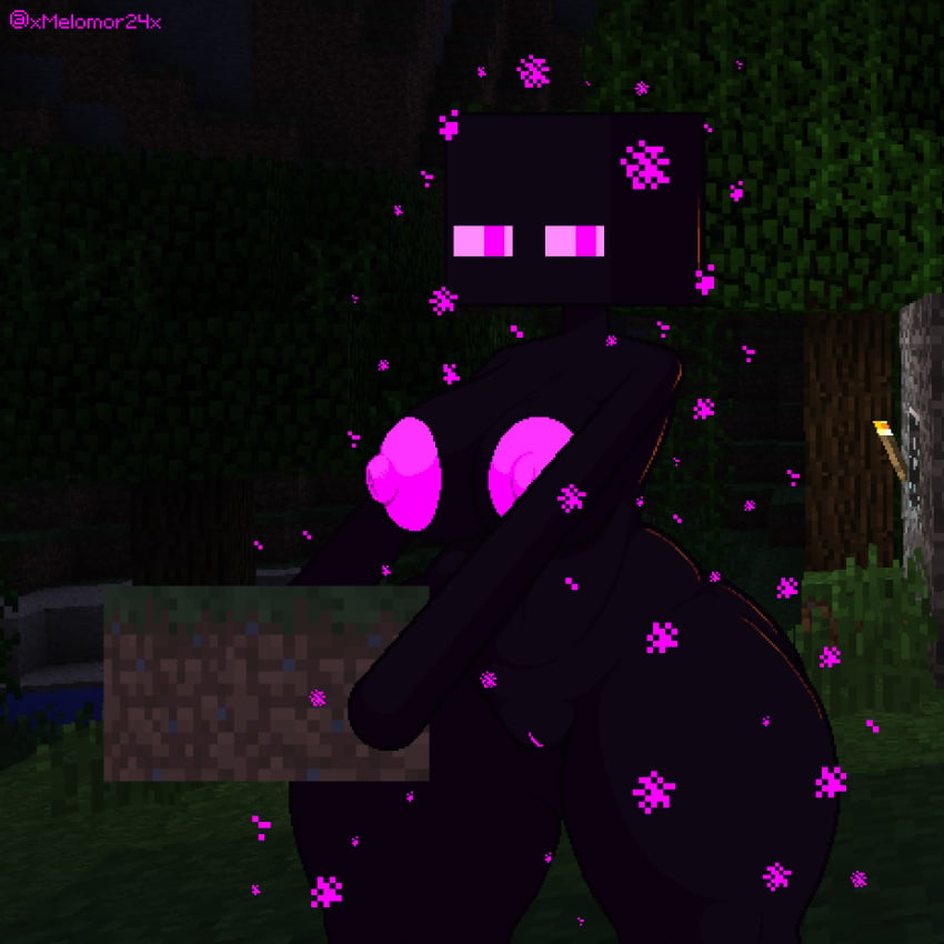 areola ass big_butt black_body breasts digital_media_(artwork) enderman enderwoman female front_view genitals grass hi_res holding_object humanoid microsoft minecraft mojang nude outside particles pixel_(artwork) plant purple_areola purple_eyes purple_sclera pussy sand solo standing thick_thighs torch tree water xbox_game_studios xmelomor24x