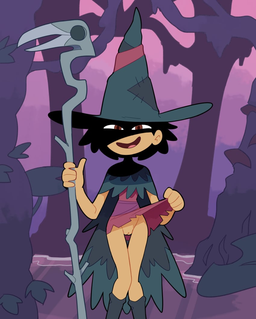 1girls 2023 amphibia disney disney_channel female female_focus female_only flashing flashing_pussy forest highres human marcy_wu miscon open_mouth outdoors pussy skirt skirt_lift smile smooth_skin solo solo_female solo_focus staff vagina witch_hat