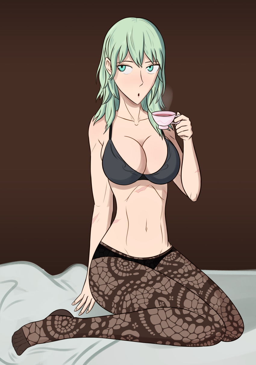 1girls alzar breasts byleth_(fire_emblem) byleth_(fire_emblem)_(female) cleavage female female_only fire_emblem fire_emblem:_three_houses green_eyes green_hair large_breasts leggings nintendo solo