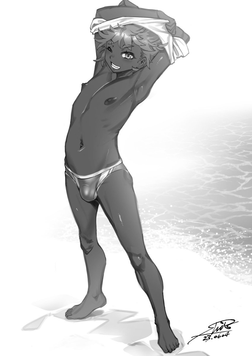 1boy absurd_res absurdres ankles areola areolae armpits arms_above_head arms_up beach belly belly_button bellybutton blush blushing_at_viewer bulge clenched_teeth commentary_request dark-skinned_femboy dark-skinned_male dark_skin dated feet femboy femboy_only full_body greyscale high_resolution highres kikaider_reijhiro knees leaning_back legs legs_apart looking_at_viewer male_nipples male_swimwear messy navel nipples ocean one_eye_closed original otoko_no_ko otokonoko penis_bulge penis_shaped_bulge ribs shiny_hair shiny_skin shiroo shirou shirt shirt_lift short_hair signature simple_background skeb_commission skin_tight skindentation skinny skinny_male smile smiling_at_viewer sole_male solo solo_focus solo_male speedo standing stomach stretching swim_briefs swimsuit tanline tanline_peek tanlines tanned tanned_male tanned_skin teeth teeth_clenched teeth_showing teeth_visible testicle_peek testicles undressing white_shirt