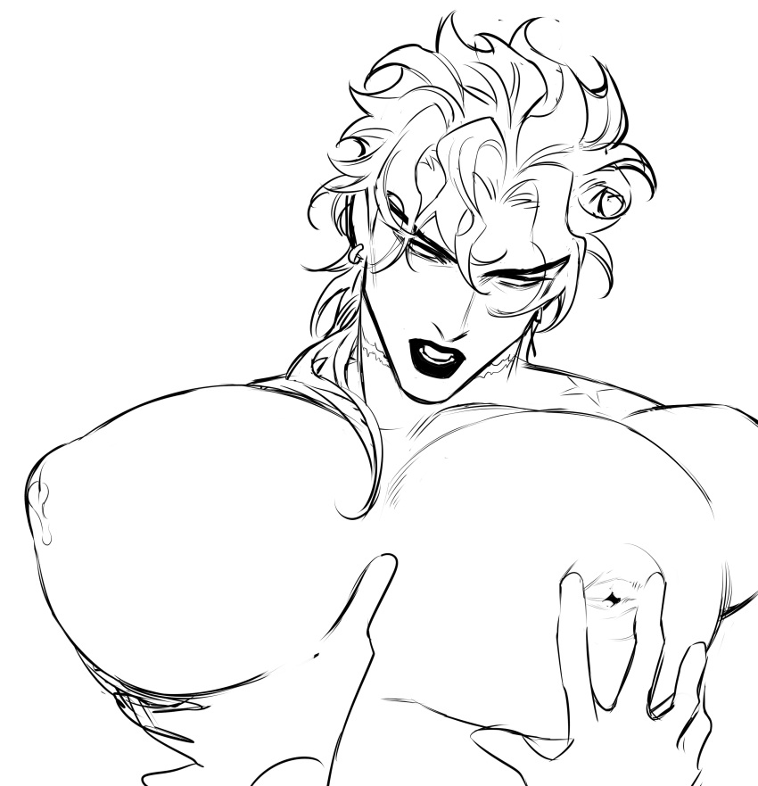 1boy dio_brando gay grabbing huang_lia jojo's_bizarre_adventure large_pectorals lipstick long_hair makeup male male_focus male_lactation milk monochrome muscular muscular_male nipples open_mouth pectoral_grab pectorals scar scar_on_neck stardust_crusaders