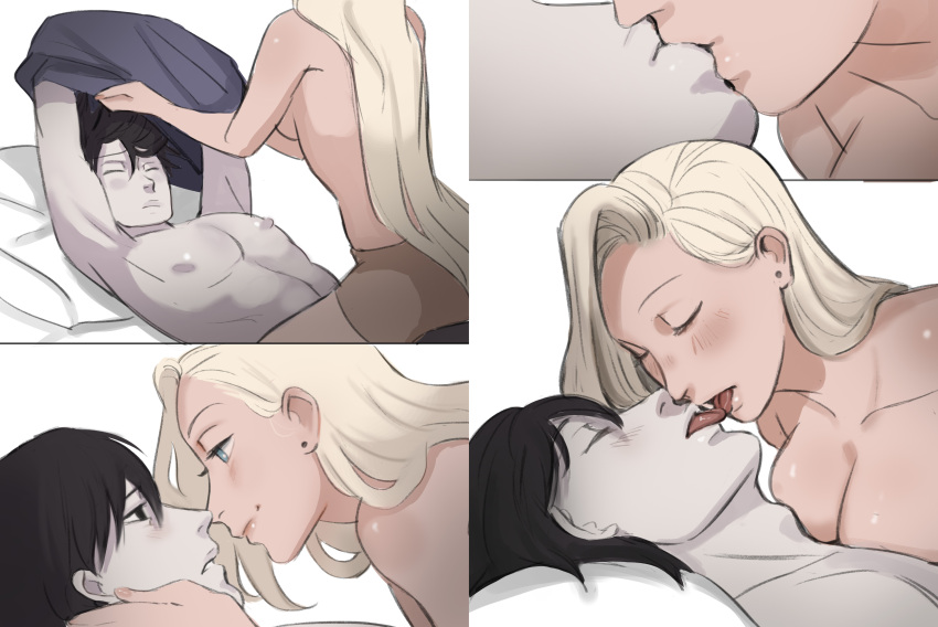 1boy 1girls absurdres bare_shoulders black_hair blonde_hair blue_eyes boruto:_naruto_next_generations breasts canon_couple clothes_lift couple french_kiss hair_between_eyes hair_over_one_eye highres husband_and_wife imminent_kiss ino_yamanaka kissing large_areolae large_breasts long_hair monday_mint naruto naruto:_the_last naruto_(series) navel nipples orange_clothes pale_skin pecs pectorals purple_clothing purple_shirt sai shirt shirt_lift shorts simple_background smile straight thick_lips toned toned_male tongue tongue_out undressing white_background