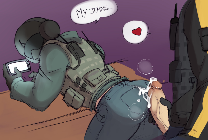 2boys bandit_(rainbow_six) clothed cum cum_in_ass english_text gay german hot_dogging jager_(rainbow_six) jeans leaning_on_table military_uniform rainbow_six rainbow_six_siege tagme text text_bubble tom_clancy traitmill ubisoft yaoi