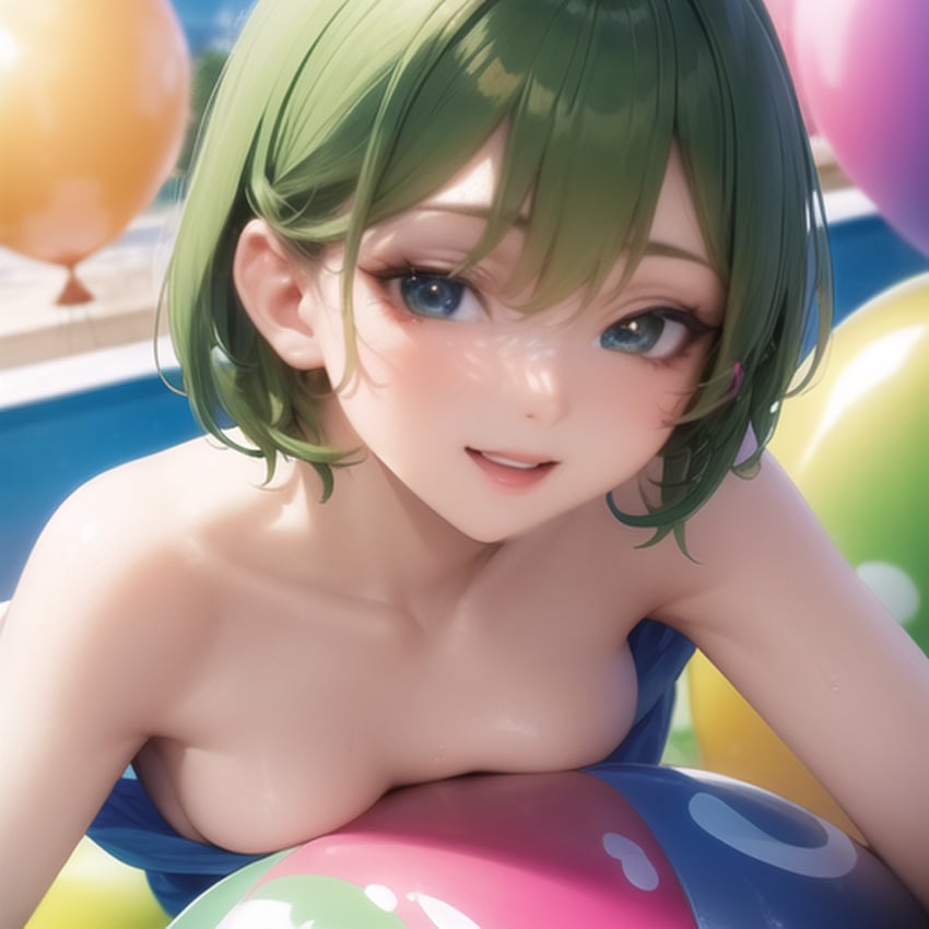 ai_generated balloon balloons female female_only glasses green_hair happy looner naked short_hair smile