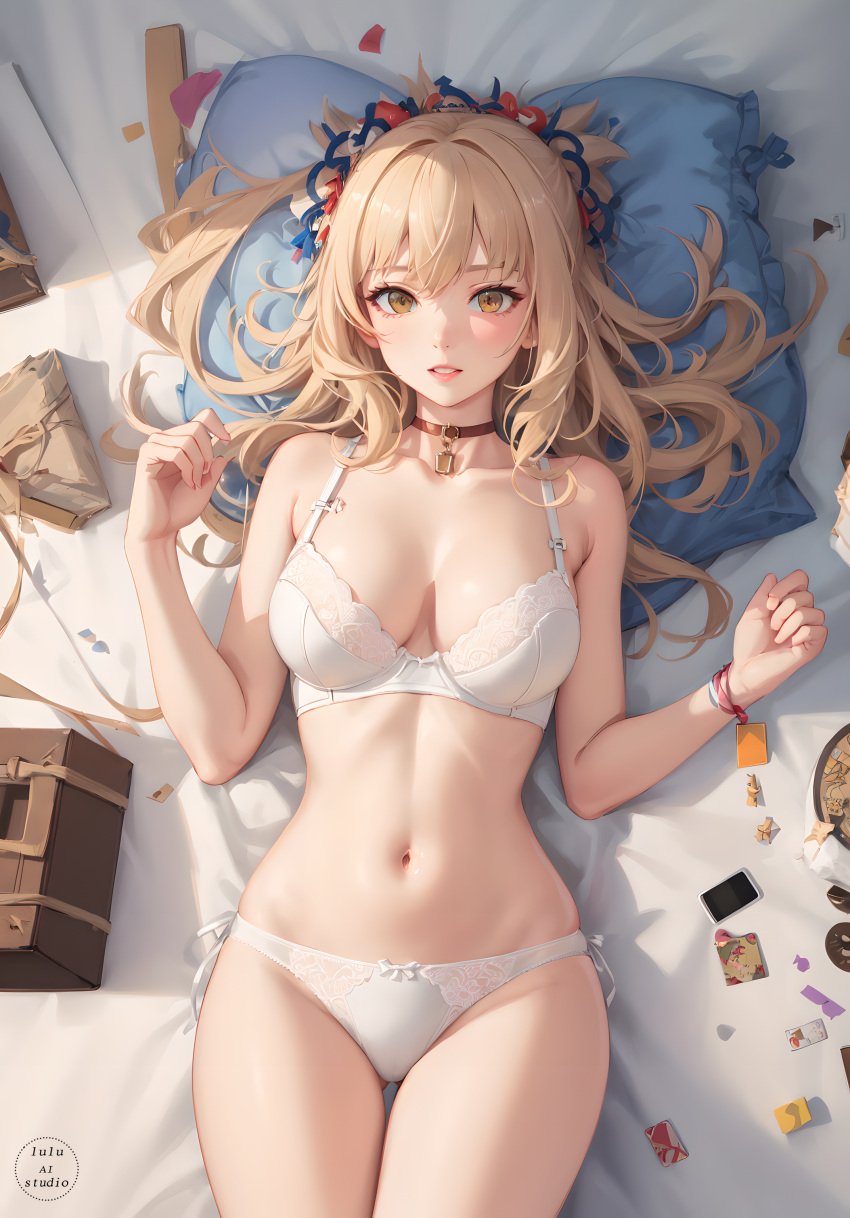 ai_generated bed blonde_hair genshin_impact lingerie looking_at_viewer lying_on_back lying_on_bed on_bed small_lips small_nose stable_diffusion tagme underwear_only white_bra white_panties yoimiya_(genshin_impact)