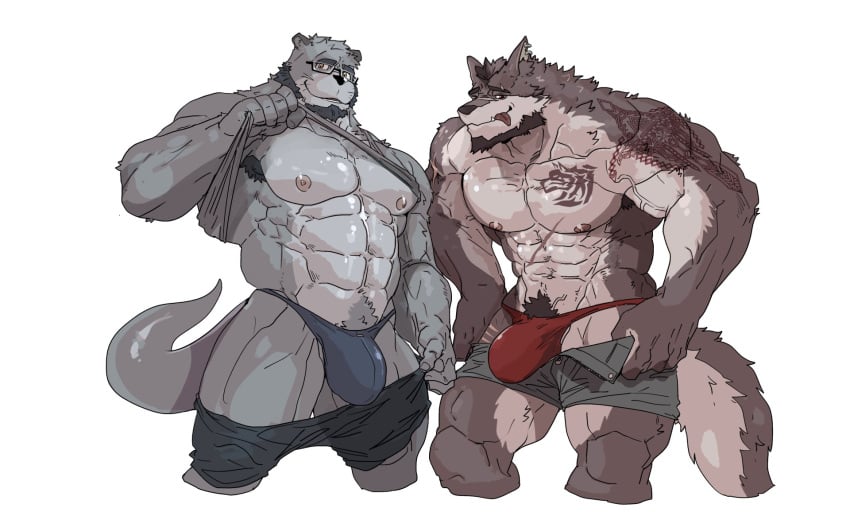 2022 2boys abdominal_scar abs anthro arm_tattoo armpit_hair augar_(augarrwoof) beard biceps black_beard blue_clothing blue_thong blue_underwear body_hair bottomwear canid canine canis chest_scar chest_tattoo clothed clothing clothing_lift duo eyewear facial_hair fur gay glasses grey_body grey_fur grey_hair hair happy_trail hi_res light_body light_fur looking_at_viewer male male_only mammal muscular muscular_anthro muscular_male muscular_thighs mustelid nipples obliques otter partially_clothed pecs pubes red_clothing red_thong red_underwear rybiok scar shirt shirt_lift shorts shorts_down siggy_(storiaxion) tattoo thong tongue tongue_out topwear unbuttoned_pants underwear vein veiny_muscles wolf