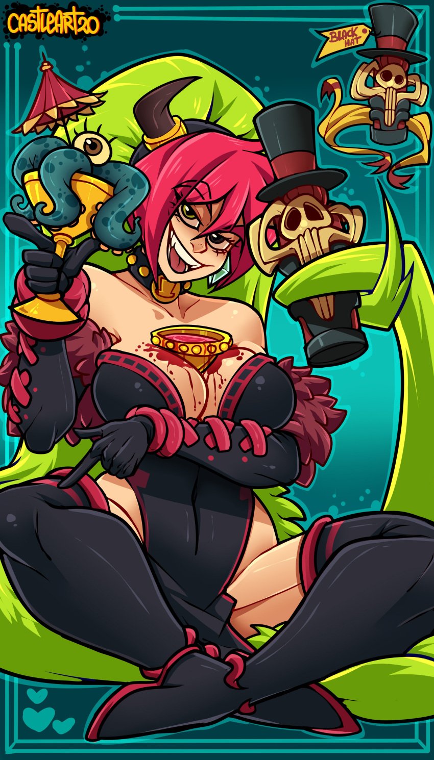 castleart choker cleavage demencia_(villainous) female food green_eyes green_hair horns looking_at_viewer red_hair sharp_teeth smile smug villainous