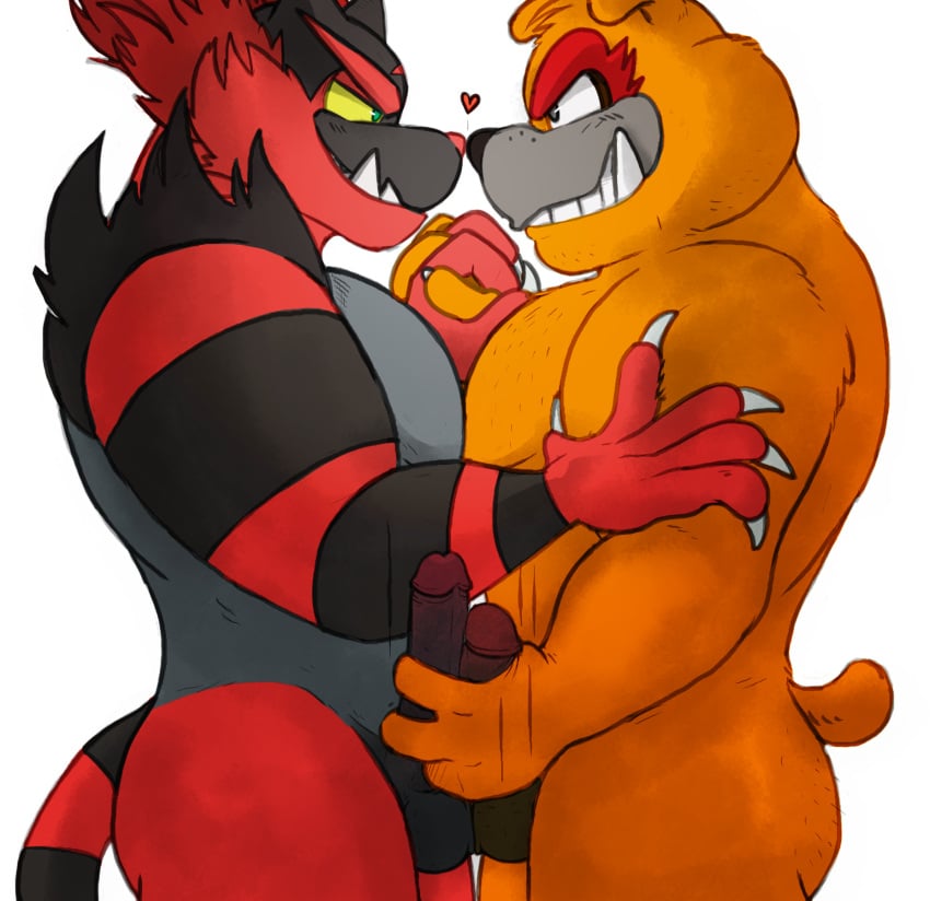 2boys bara brown_fur canine claws dribble_(warioware) feline furry furry_only gay holding_hands incineroar mario_(series) nose_to_nose pokémon_(species) pokemon pokemon_sm sharp_teeth sobek_withers warioware white_background yaoi yellow_sclera