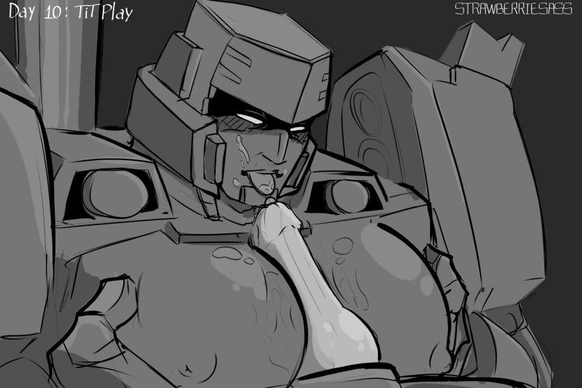 1boy alien alien_humanoid big_breasts cum cum_on_breasts gay gay_sex male_with_breasts megatron monochrome paizuri robot robot_humanoid strawberriesass titjob transformers transformers_idw