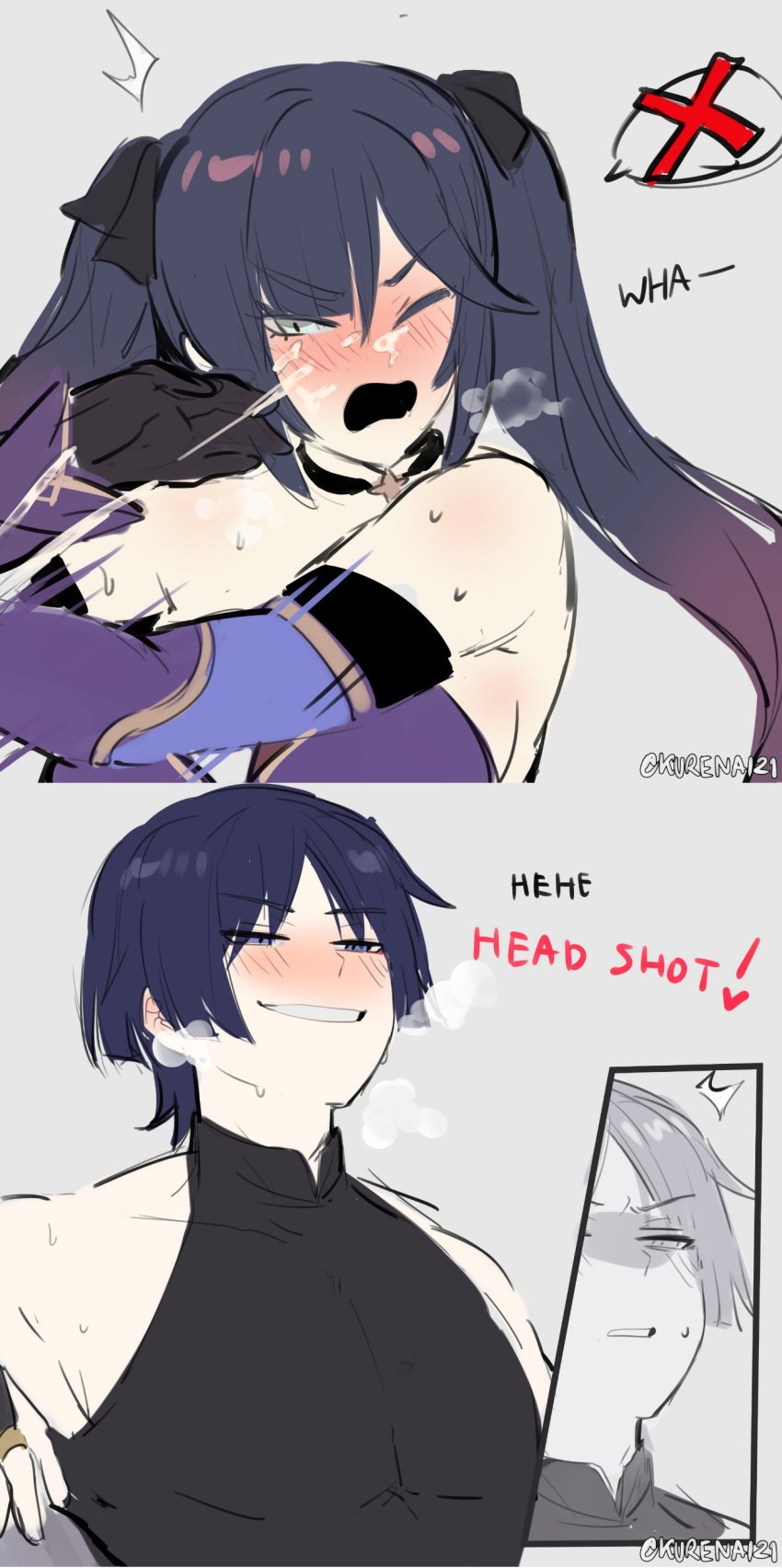 angry blue_hair blush cum cum_on_face cumshot ejaculation frown genshin_impact hoyoverse kurenaiz1 mona_(genshin_impact) one_eye_closed open_mouth purple_hair scaramouche_(genshin_impact) straight sweat visible_breath