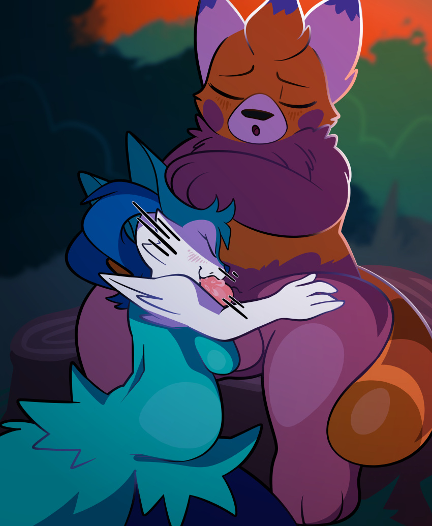 2023 3_fingers 3_toes 4_fingers absurd_res alternate_color anthro auria_jansson balls batruse bewear blue_body blue_fur blue_highlights blurred_background blush blush_lines braixen breasts cheek_spots cheek_tuft chest_tuft closed_eyes dipstick_ears duo facial_tuft feet fellatio female fingers fur generation_6_pokemon generation_7_pokemon genitals hand_on_leg head_tuft hi_res highlights_(coloring) holding_head inner_ear_fluff kneeling male male/female markings motion_lines multicolored_ears nintendo open_mouth oral orange_body orange_fur outside penile pokemon pokemon_(species) red_body red_fur sex shiny_bewear shiny_pokemon side_boob sitting slightly_chubby striped_markings striped_tail stripes tail tail_markings tail_tuft toes tree_stump tuft white_body white_fur