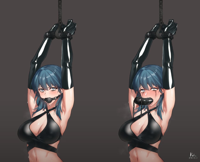 1girls armpits arms_above_head arms_up ball_gag belly_button blue_eyes blush bondage bound bound_wrists byleth_(fire_emblem) byleth_(fire_emblem)_(female) chains cleavage cuffs dildo dildo_gag dildo_in_mouth edit elbow_gloves eyes_rolling_back female femsub fire_emblem fire_emblem:_three_houses gag gagged gloves hands_tied k52 large_breasts latex latex_gloves latex_suit light_blush long_gloves looking_at_viewer midriff nintendo runny_makeup sex_toy solo sweat teal_hair tears third-party_edit tongue tongue_out wrist_cuffs