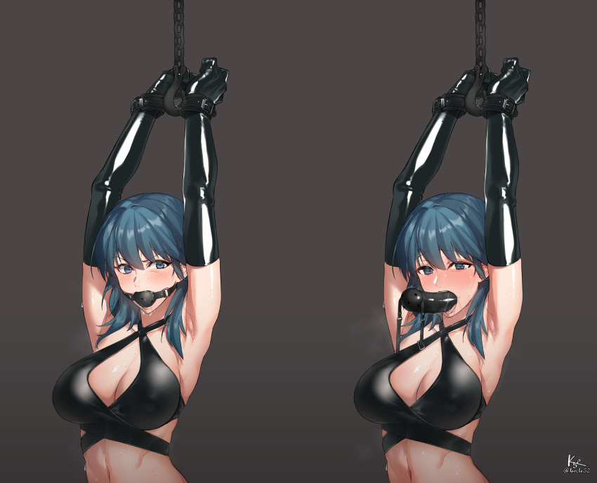 1girls armpits arms_above_head arms_up ball_gag belly_button blue_eyes blush bondage bound bound_wrists byleth_(fire_emblem) byleth_(fire_emblem)_(female) chains cleavage cuffs dildo dildo_gag dildo_in_mouth elbow_gloves female femsub fire_emblem fire_emblem:_three_houses gag gloves hands_tied k52 large_breasts latex latex_gloves latex_suit light_blush long_gloves looking_at_viewer midriff nintendo sex_toy solo submissive_female sweat teal_hair tearing_up tears tongue tongue_out wrist_cuffs