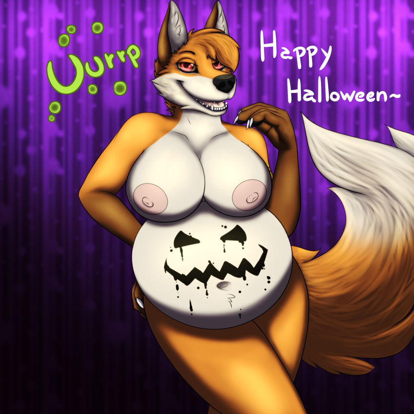 anthro belly big_belly big_breasts bodypaint breasts burping canid canine fox fur gloves_(marking) gynomorph halloween halloween_theme hand_on_hip hi_res holidays intersex mammal markings nipples onomatopoeia orange_body orange_fur purple_background scarlett_fox_(daedric36) simple_background solo sound_effects stuffing tail tan_body tan_fur text vivamus_lican.