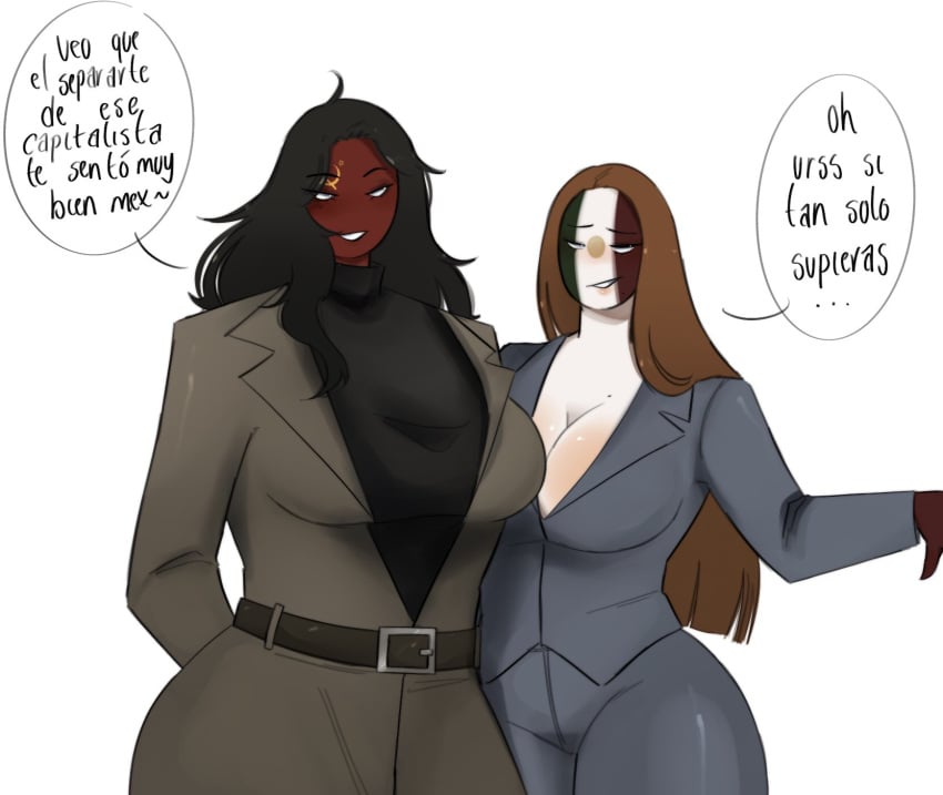 2girls big_breasts black_hair countryhumans countryhumans_girl female_only idkcocco long_hair massive_breasts mexican_female mexican_flag mexico_(countryhumans) red_body soviet_union_(countryhumans) spanish_text white_background white_body white_eyes yuri