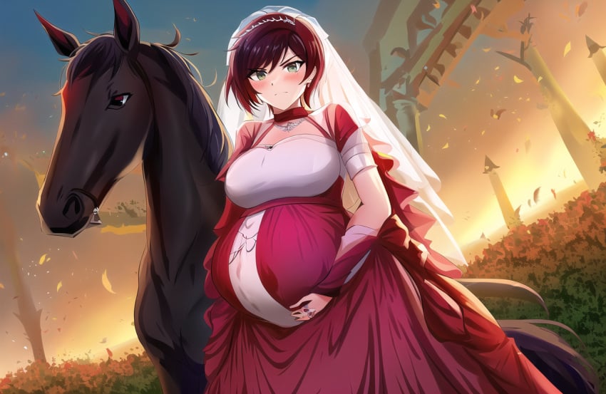 ai_generated bestiality big_breasts black_hair bride equine groom horse husband_and_wife interspecies interspecies_pregnancy married_couple married_to_feral pregnant pregnant_belly pregnant_female red_hair ruby_rose rwby two_tone_hair zoophilia