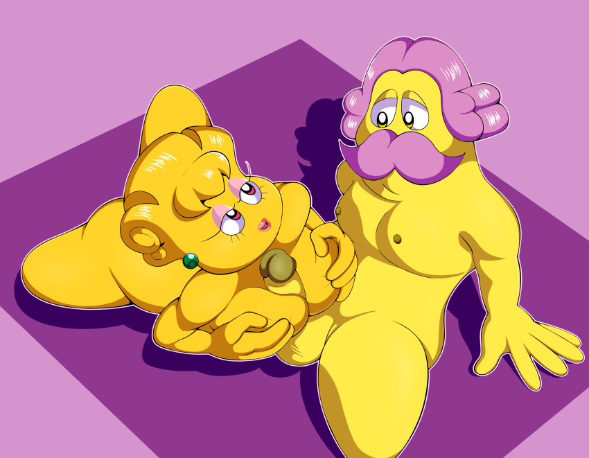 absurd_res big_breasts breast_grab breast_play breasts caption caption_box duo ear_piercing evasidelights facial_hair father_(lore) female genitals hair hand_on_breast hi_res humanoid husband_and_wife kirby:_right_back_at_ya! kirby_(series) lady_like lipstick makeup male male/female married_couple mature_female mother_(lore) moustache nintendo nipples not_furry paizuri parent_(lore) penis piercing purple_hair ring_piercing sex sir_ebrum titjob yellow_body yellow_skin