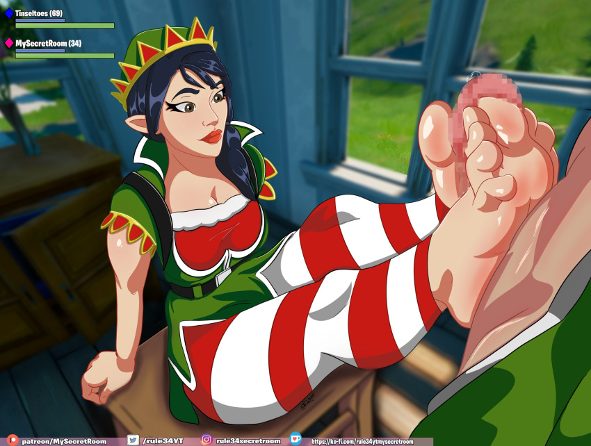 1boy1girl barefoot censored censored_penis clothed clothed_female clothed_female_nude_male clothing elf elf_ears erection feet foot_fetish foot_focus footjob fortnite headhunter_(fortnite) penis rule34yt soles tinseltoes_(fortnite) toes