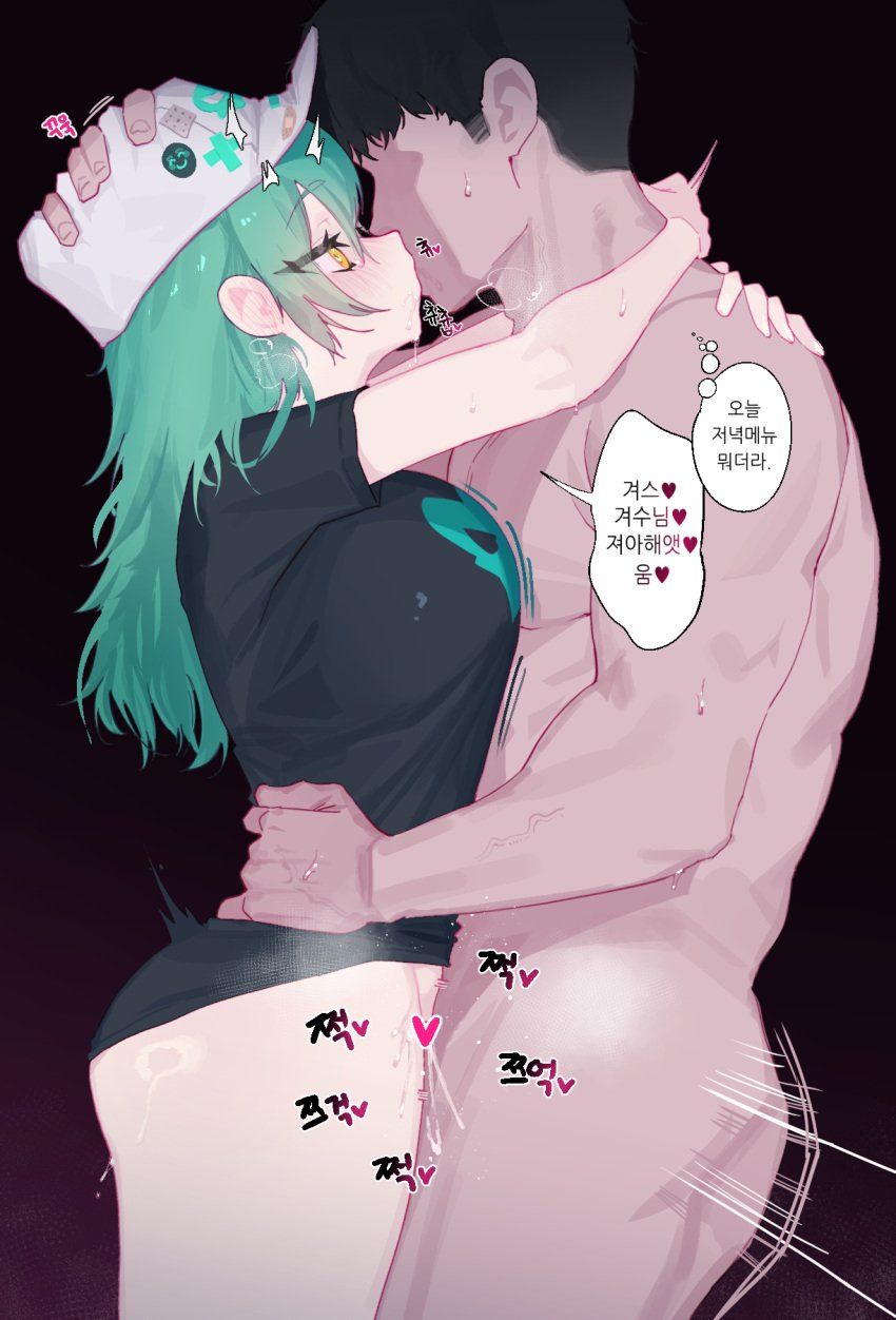 1boy 1girls antonina_(girls'_frontline_nc) big_breasts black_shirt blush breasts breath clothed_female_nude_male ear_blush eonsang faceless faceless_male female female_focus french_kiss from_side girls'_frontline_neural_cloud green_hair hand_on_another's_head hand_on_another's_waist highres hug kissing kissing_while_penetrated large_breasts male_penetrating male_professor_(girls'_frontline_nc) mature_male nude older_male older_penetrating_younger professor_(girls'_frontline_nc) pussy_juice pussy_juice_trail saliva sex shirt sound_effects standing standing_missionary standing_sex straight thick_thighs vaginal_penetration younger_female