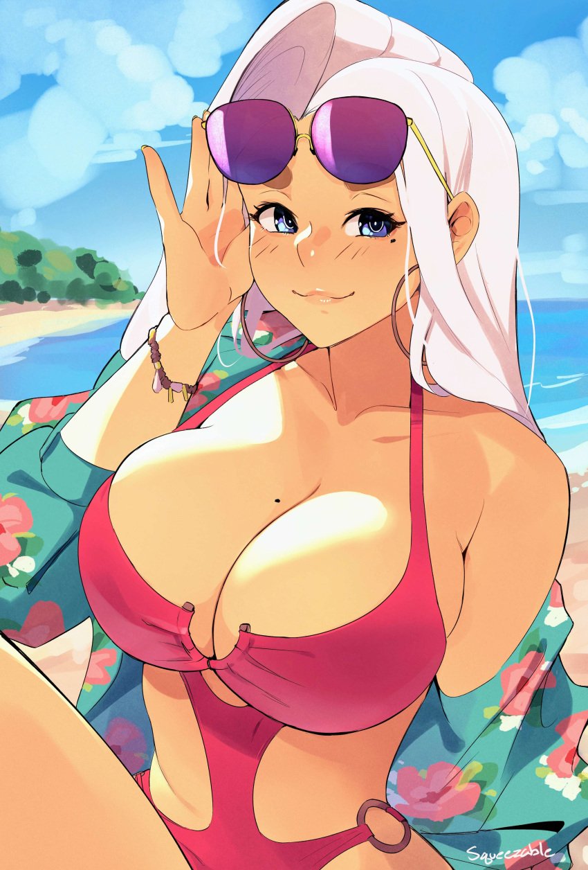 1girls :3 bare_shoulders beach big_breasts blue_eyes blush bracelet breasts chest cleavage collarbone earrings female female_only glasses half-closed_eyes hand_up highres june_(squeezable) large_breasts lifting_sunglasses lips long_hair looking_at_viewer mole mole_on_breast mole_under_eye o-ring one-piece_swimsuit original outdoors outside push-up red_swimsuit sky smile smug solo squeezable sunglasses sunglasses_on_head swimsuit tanned tanned_skin tight_clothing white_hair