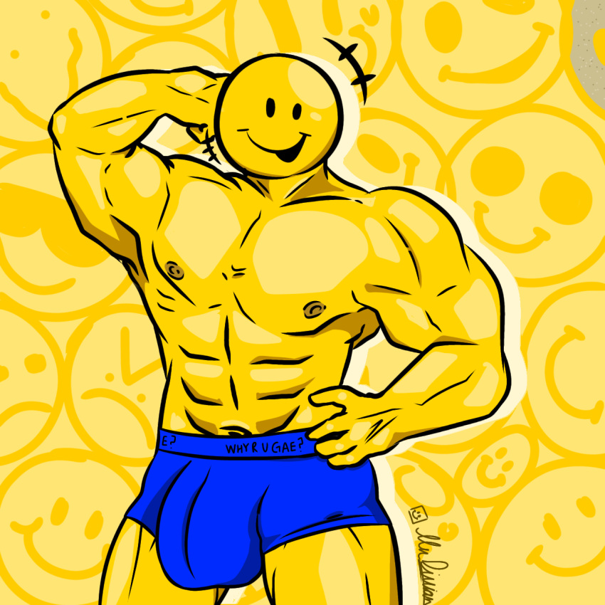 1boy biceps blue_underwear briefs digital_media_(artwork) flexing giggler glaggleland male_only muscular muscular_male roblox smiley_face solo_male strong tagme yellow_background yellow_skin