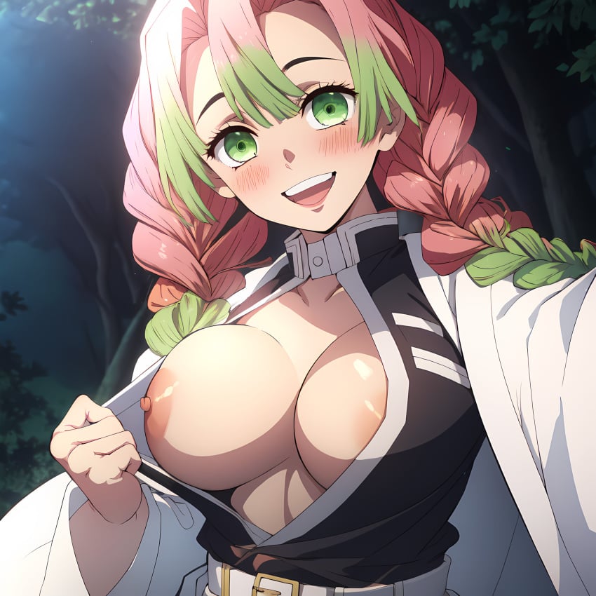 ai_generated blush breasts cute demon_slayer demon_slayer_uniform flashing green_eyes happy kanroji_mitsuri kimetsu_no_yaiba large_breasts looking_at_viewer nipples no_bra one_breast_out showing_breasts smile smiling smiling_at_viewer stable_diffusion twin_braids